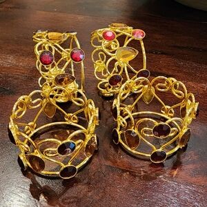 4 Pier One Imports Jeweled Napkin Rings Red & Amber Set In Gold.